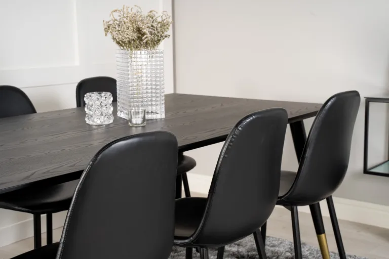 Ristkülikukujuline söögilauakomplekt Dipp (must spoon, kuldsete detailidega, 180x90 cm) 6 musta kunstnahast Polar tooliga - GR19208