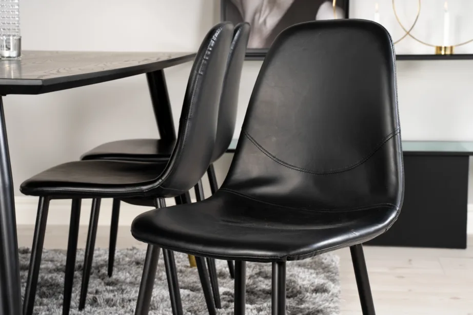 Ristkülikukujuline söögilauakomplekt Dipp (must spoon, kuldsete detailidega, 180×90 cm) 6 musta kunstnahast Polar tooliga, GR19208 – 8