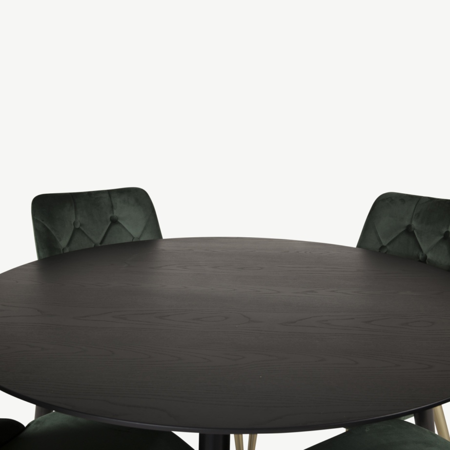 Ümmargune söögilaud Dipp ja sametist roheliste toolidega (4 tk), must laud, kuldsed detailid, GR19229 – 2