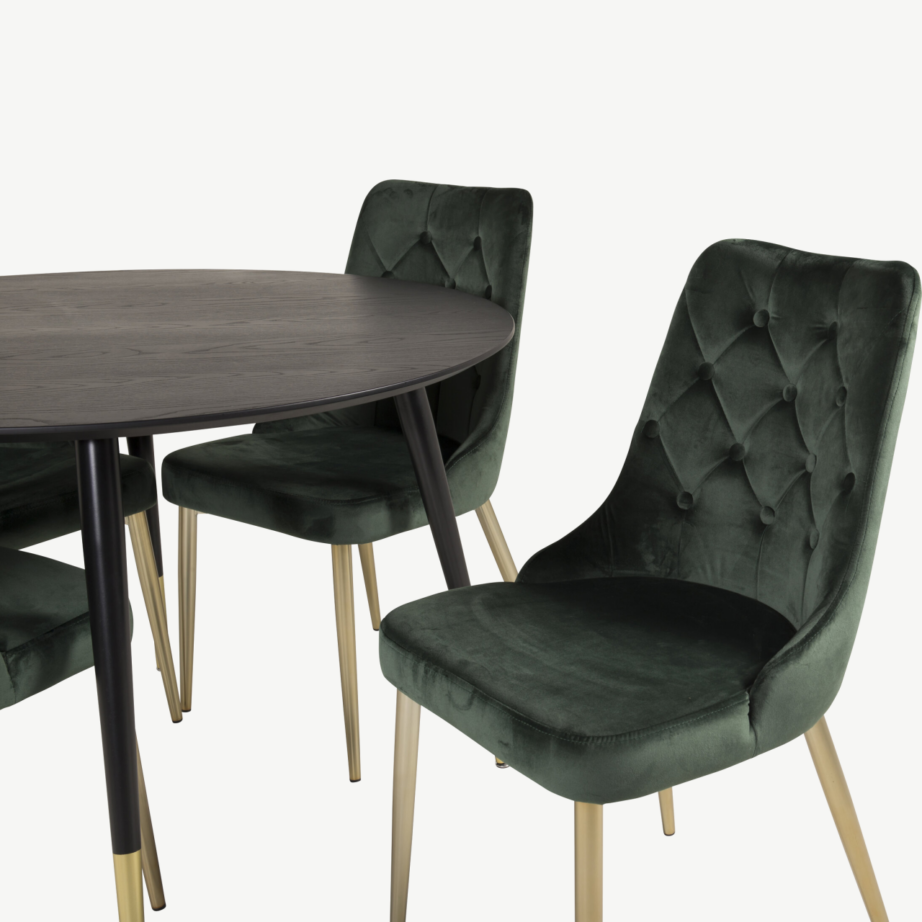 Ümmargune söögilaud Dipp ja sametist roheliste toolidega (4 tk), must laud, kuldsed detailid, GR19229 – 3