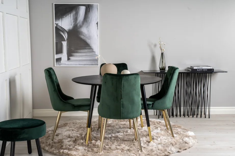 Ümmargune söögilaud Dipp ja sametist roheliste toolidega (4 tk), must laud, kuldsed detailid, GR19229 – 5