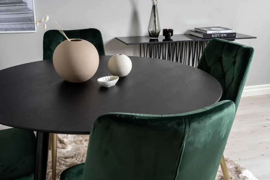 Ümmargune söögilaud Dipp ja sametist roheliste toolidega (4 tk), must laud, kuldsed detailid, GR19229 – 6