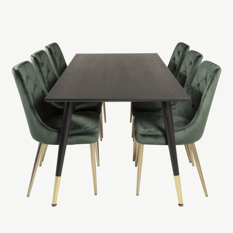 Ristkülikukujuline söögilauakomplekt Dipp must/kuldne ja 6 rohelist sametkattega Velvet Deluxe tooli, 180x90 cm - GR19230
