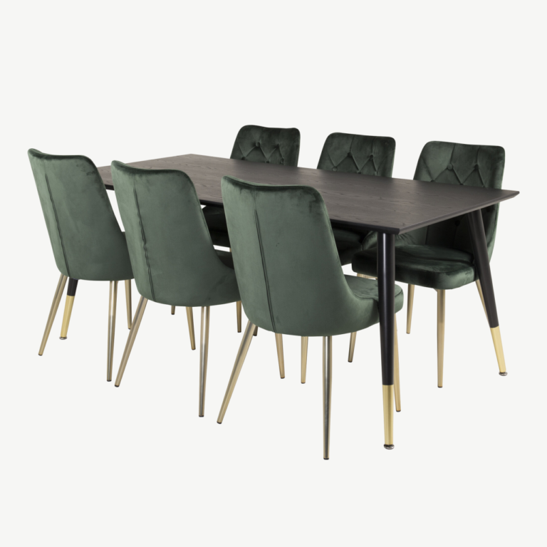 Ristkülikukujuline söögilauakomplekt Dipp must/kuldne ja 6 rohelist sametkattega Velvet Deluxe tooli, 180x90 cm - GR19230