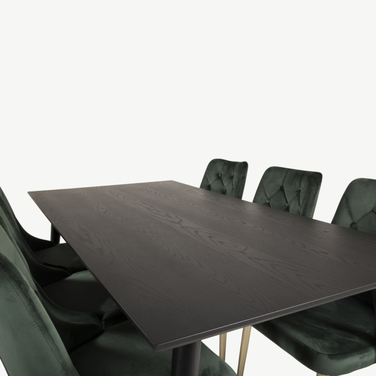 Ristkülikukujuline söögilauakomplekt Dipp must/kuldne ja 6 rohelist sametkattega Velvet Deluxe tooli, 180x90 cm - GR19230