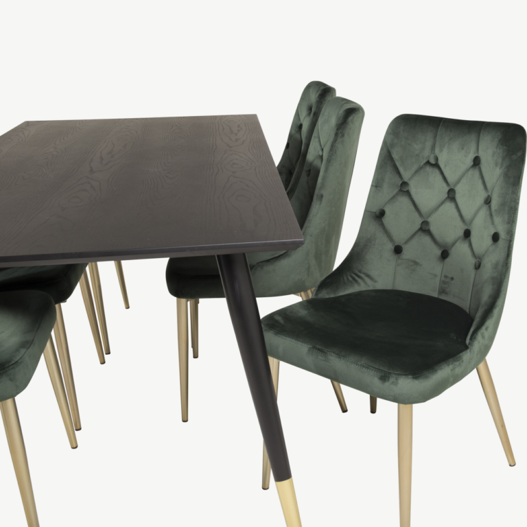Ristkülikukujuline söögilauakomplekt Dipp must/kuldne ja 6 rohelist sametkattega Velvet Deluxe tooli, 180x90 cm - GR19230