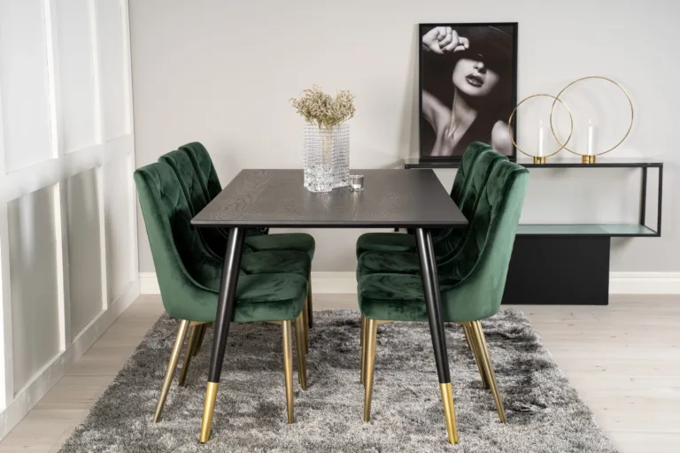 Ristkülikukujuline söögilauakomplekt Dipp must/kuldne ja 6 rohelist sametkattega Velvet Deluxe tooli, 180x90 cm - GR19230