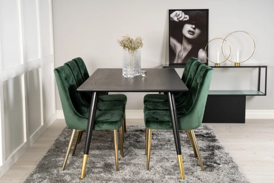 Ristkülikukujuline söögilauakomplekt Dipp must/kuldne ja 6 rohelist sametkattega Velvet Deluxe tooli, 180×90 cm, GR19230 – 5