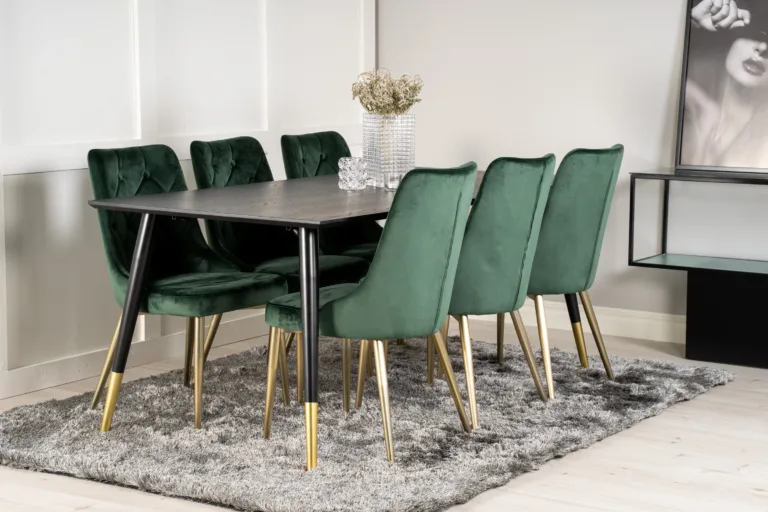 Ristkülikukujuline söögilauakomplekt Dipp must/kuldne ja 6 rohelist sametkattega Velvet Deluxe tooli, 180x90 cm - GR19230