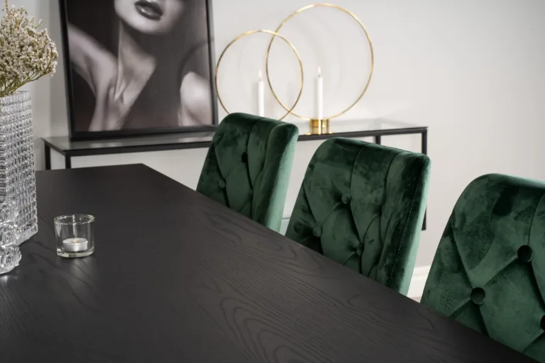 Ristkülikukujuline söögilauakomplekt Dipp must/kuldne ja 6 rohelist sametkattega Velvet Deluxe tooli, 180x90 cm - GR19230