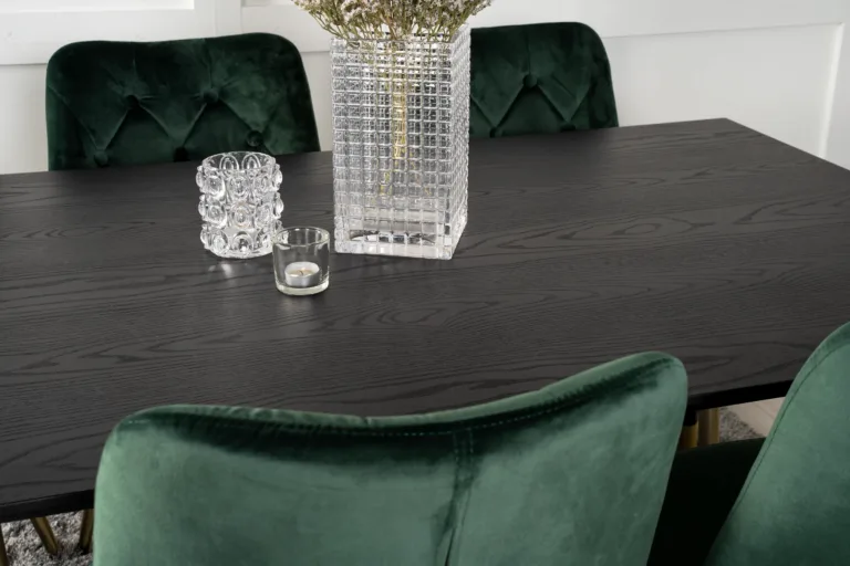 Ristkülikukujuline söögilauakomplekt Dipp must/kuldne ja 6 rohelist sametkattega Velvet Deluxe tooli, 180x90 cm - GR19230