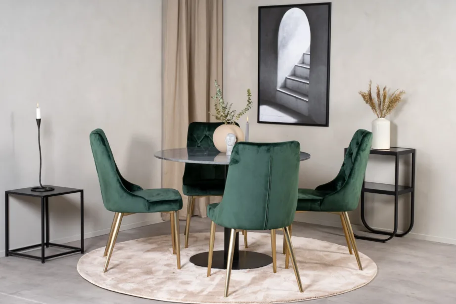 Estelle ümmargune tumehallist marmorist söögilaud roheliste samettoolidega (4 tk), GR19232 – 4