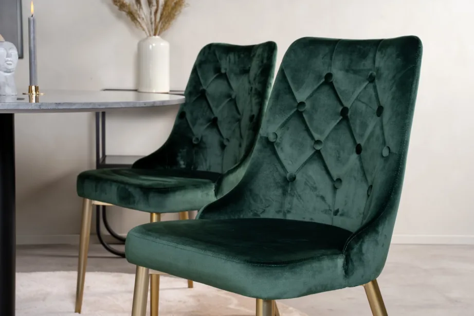 Estelle ümmargune tumehallist marmorist söögilaud roheliste samettoolidega (4 tk), GR19232 – 6