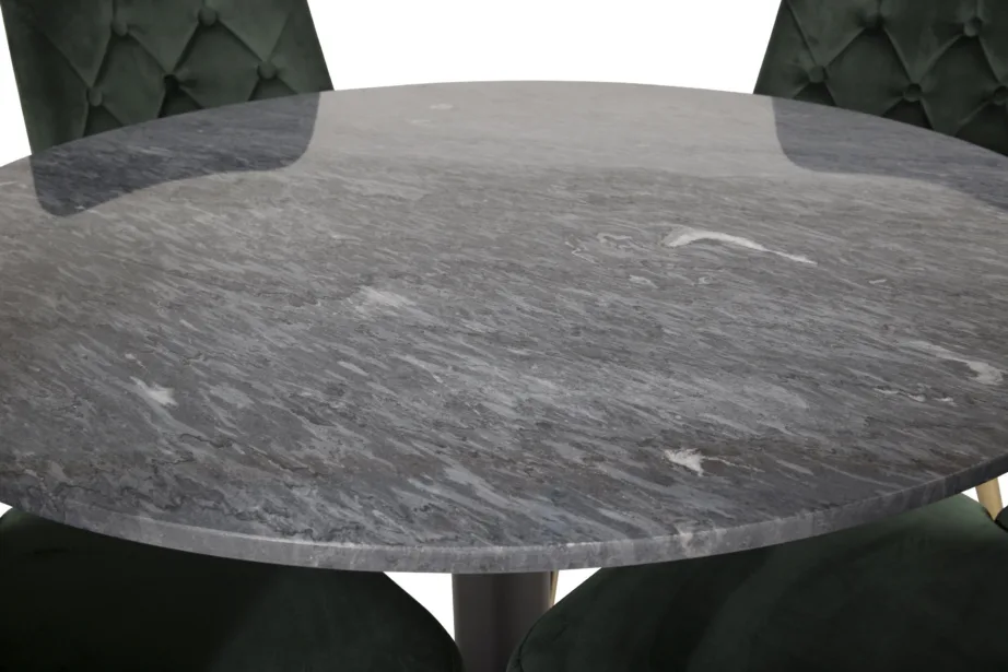 Estelle ümmargune tumehallist marmorist söögilaud roheliste samettoolidega (4 tk), GR19232 – 7