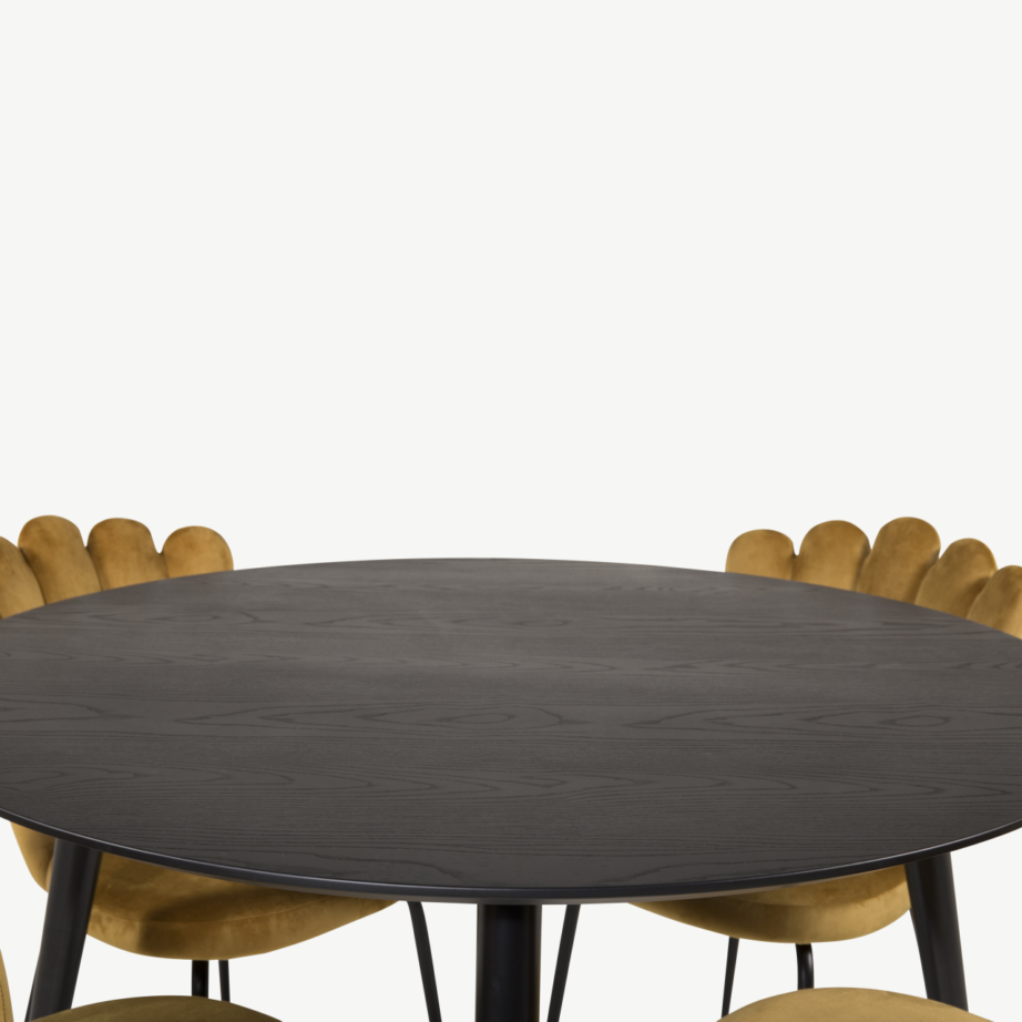 Ümmargune söögilauakomplekt Dipp Limhamni velvettoolidega (must/kuldkollane, Ø115 cm), GR19238 – 2