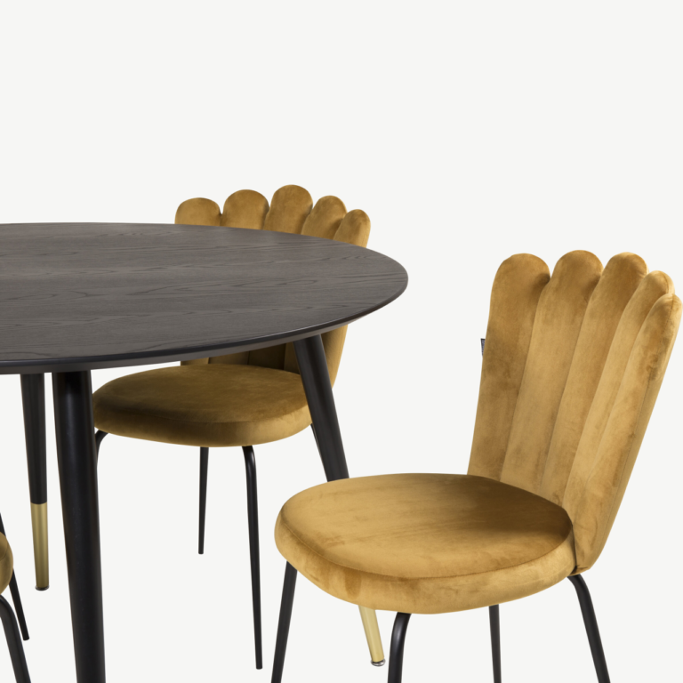 Ümmargune söögilauakomplekt Dipp Limhamni velvettoolidega (must/kuldkollane, Ø115 cm) - GR19238