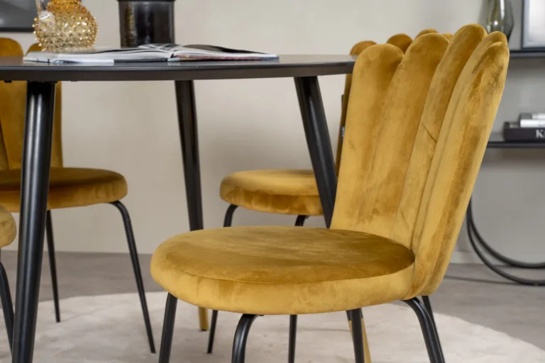 Ümmargune söögilauakomplekt Dipp Limhamni velvettoolidega (must/kuldkollane, Ø115 cm) - GR19238