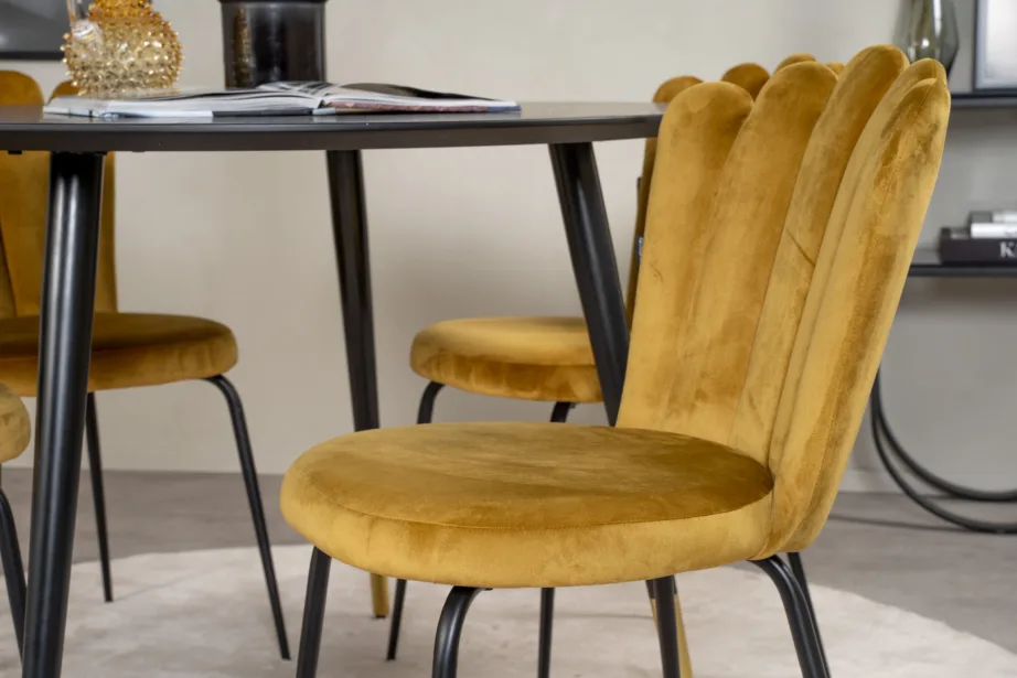 Ümmargune söögilauakomplekt Dipp Limhamni velvettoolidega (must/kuldkollane, Ø115 cm), GR19238 – 6