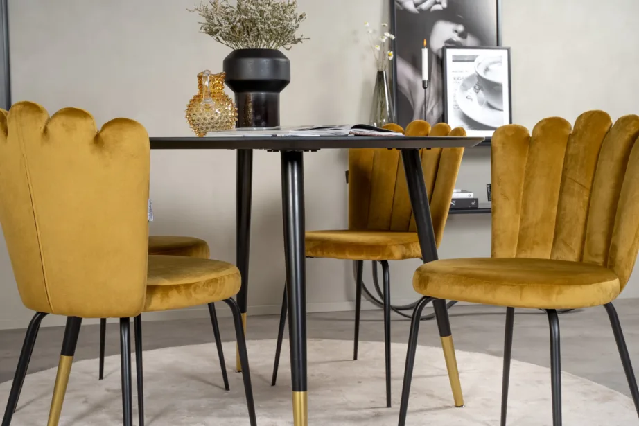 Ümmargune söögilauakomplekt Dipp Limhamni velvettoolidega (must/kuldkollane, Ø115 cm), GR19238 – 7