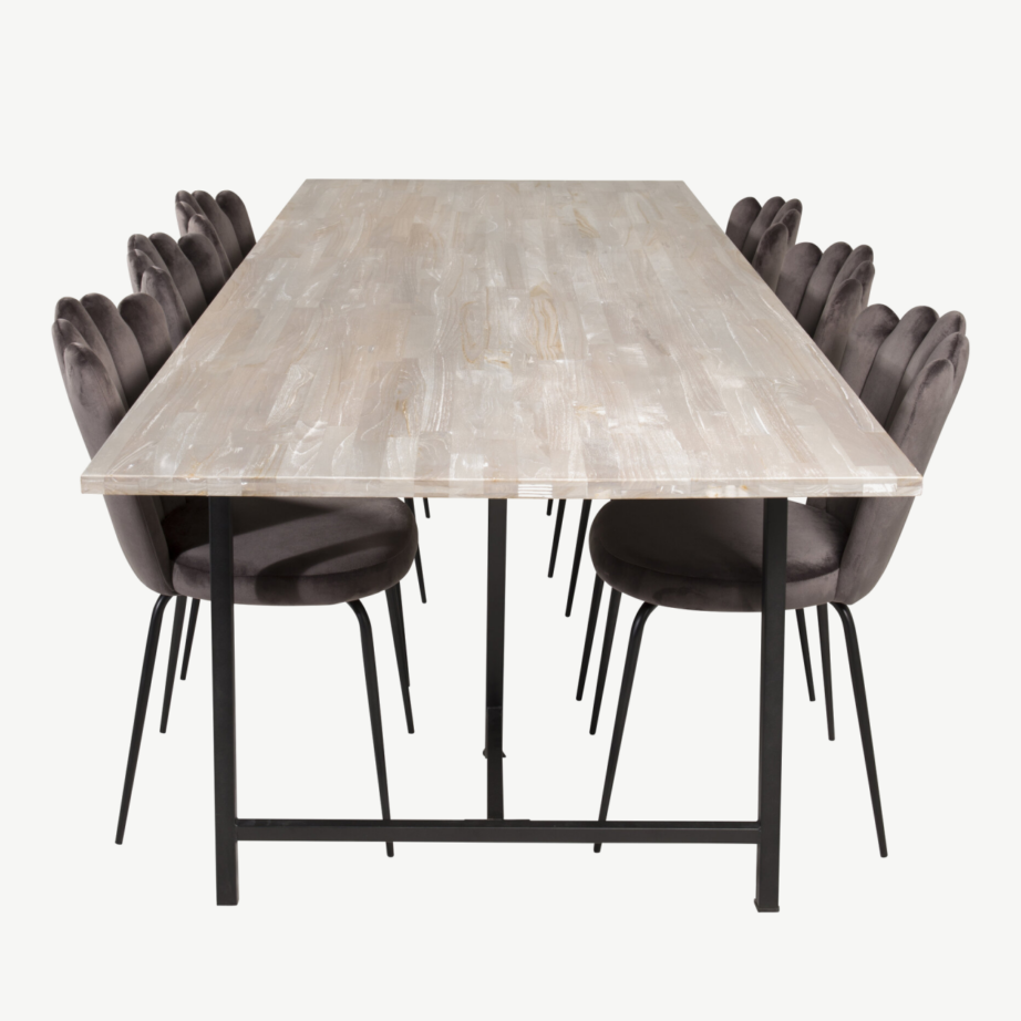 Tiigipuust ristkülikukujuline söögilauakomplekt Jepara ja 6 halli velvetkangaga tooli, GR19239 – 2