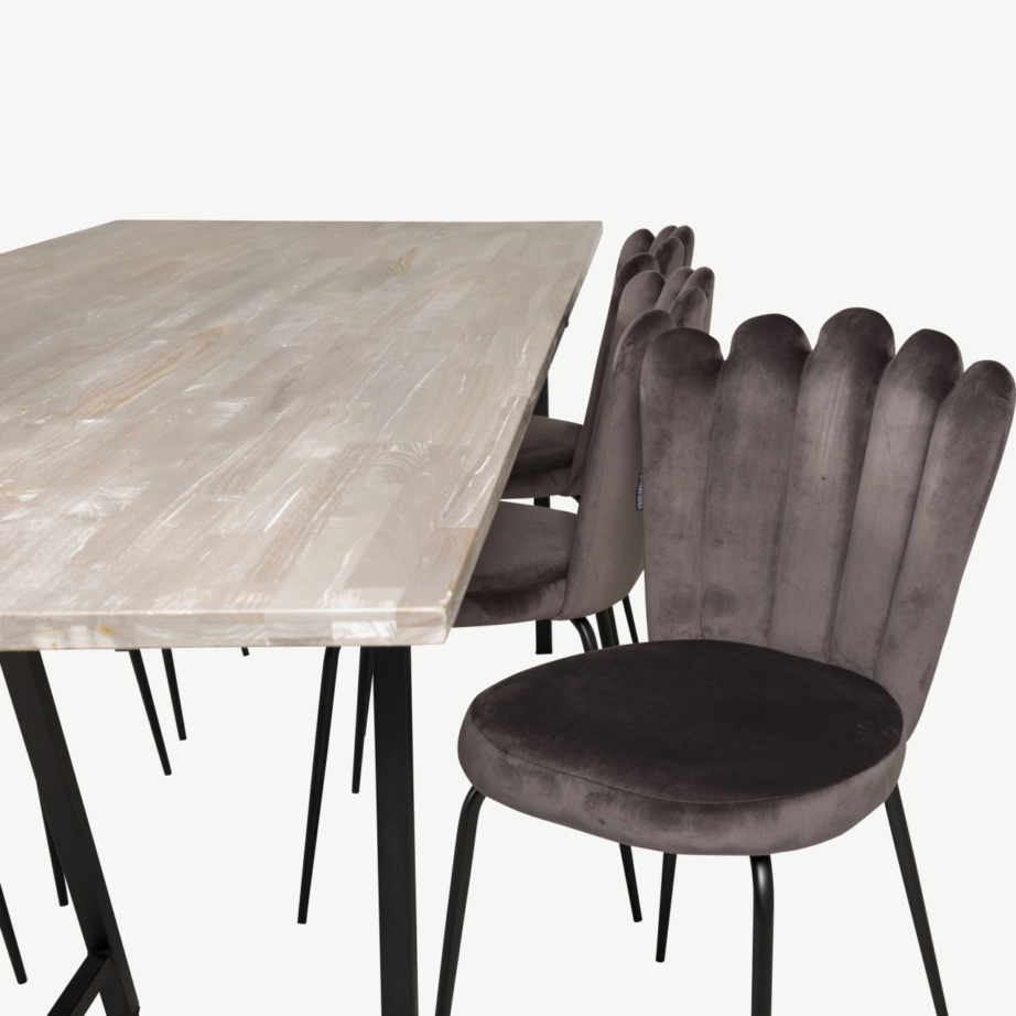 Tiigipuust ristkülikukujuline söögilauakomplekt Jepara ja 6 halli velvetkangaga tooli, GR19239 – 4