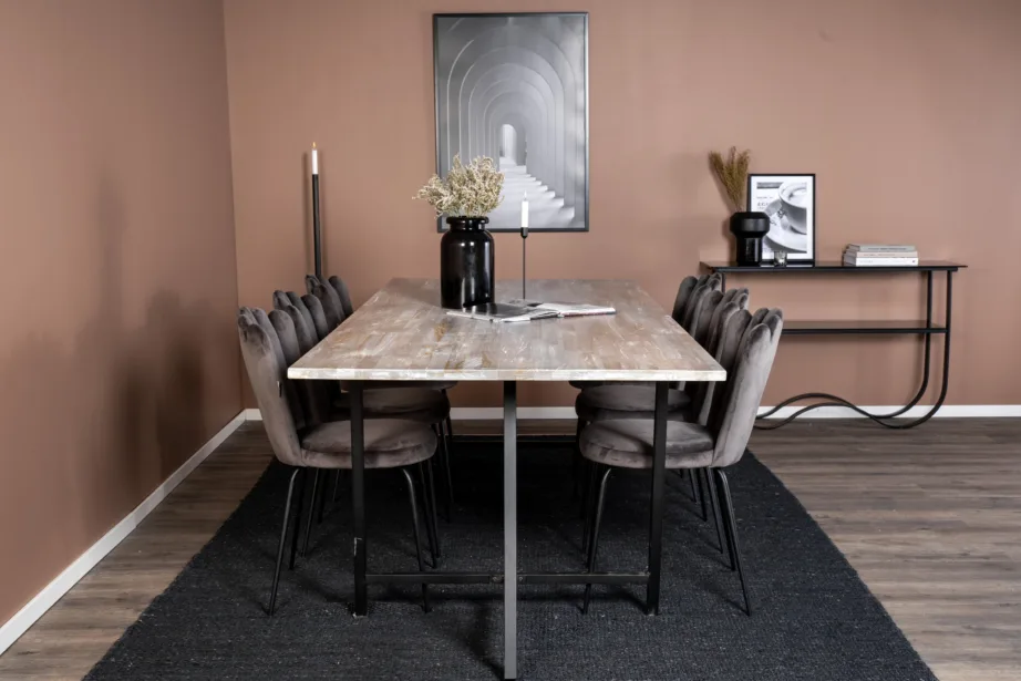 Tiigipuust ristkülikukujuline söögilauakomplekt Jepara ja 6 halli velvetkangaga tooli, GR19239 – 5