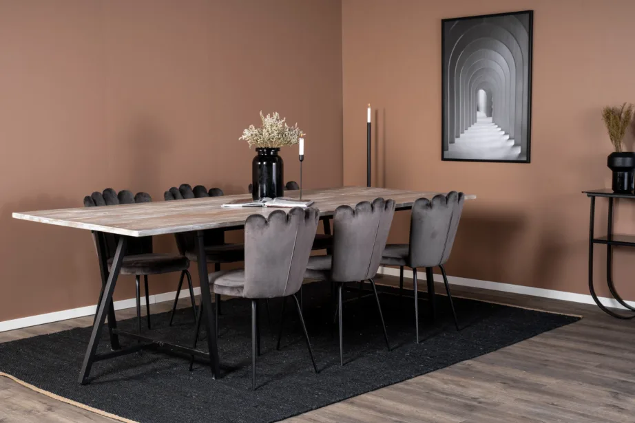 Tiigipuust ristkülikukujuline söögilauakomplekt Jepara ja 6 halli velvetkangaga tooli, GR19239 – 6