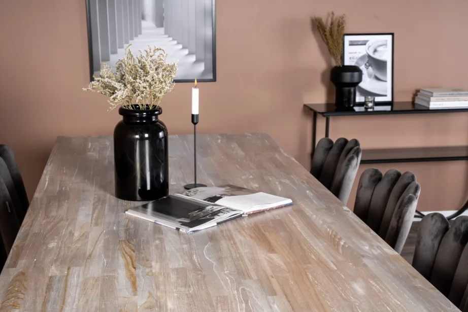 Tiigipuust ristkülikukujuline söögilauakomplekt Jepara ja 6 halli velvetkangaga tooli, GR19239 – 7