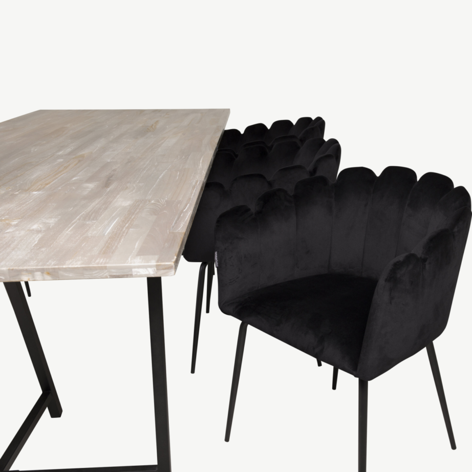 Rustikaalne tiigipuust söögilaud Jepara koos mustade samettoolidega Limhamn (250×100 cm), GR19243 – 4