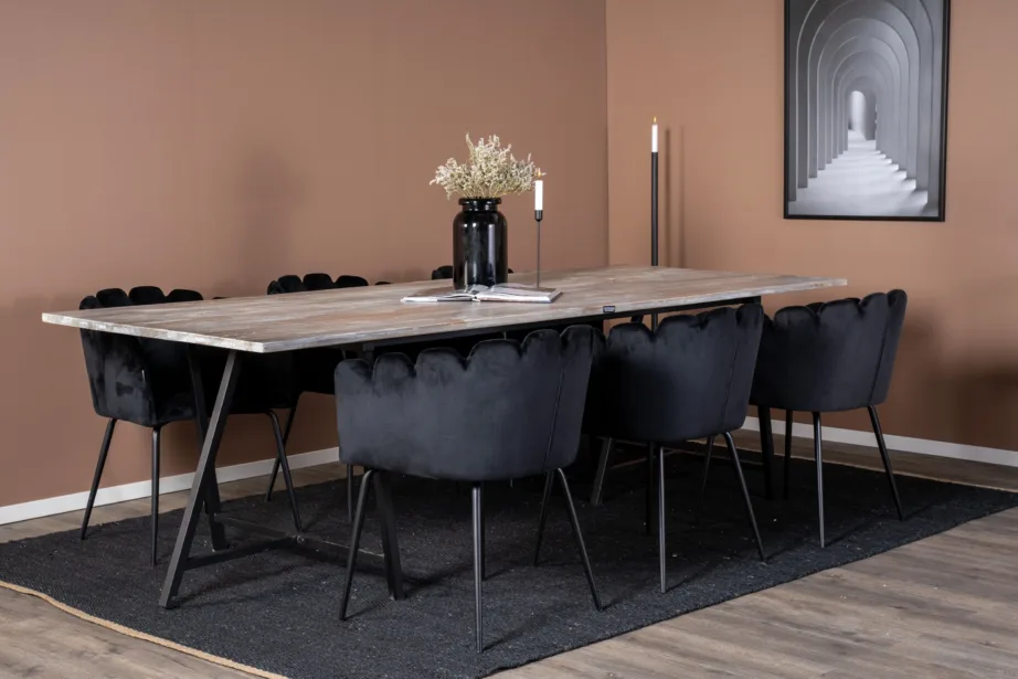 Rustikaalne tiigipuust söögilaud Jepara koos mustade samettoolidega Limhamn (250×100 cm), GR19243 – 6