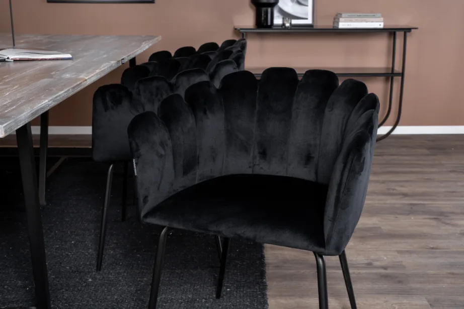 Rustikaalne tiigipuust söögilaud Jepara koos mustade samettoolidega Limhamn (250×100 cm), GR19243 – 9