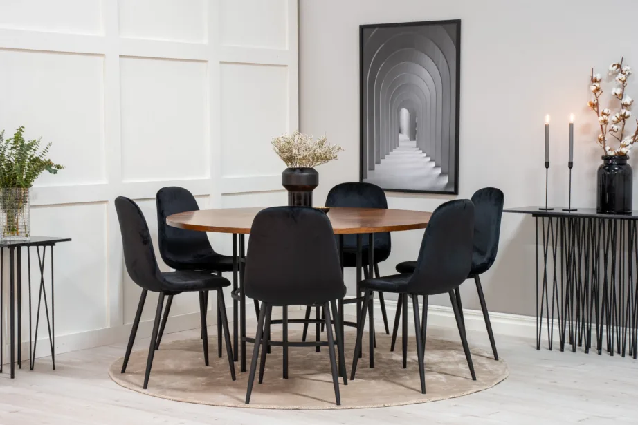 Ümmargune söögilauakomplekt Copenhagen – pruun laud ja mustad velvetist toolid (6 tk), GR19246 – 4