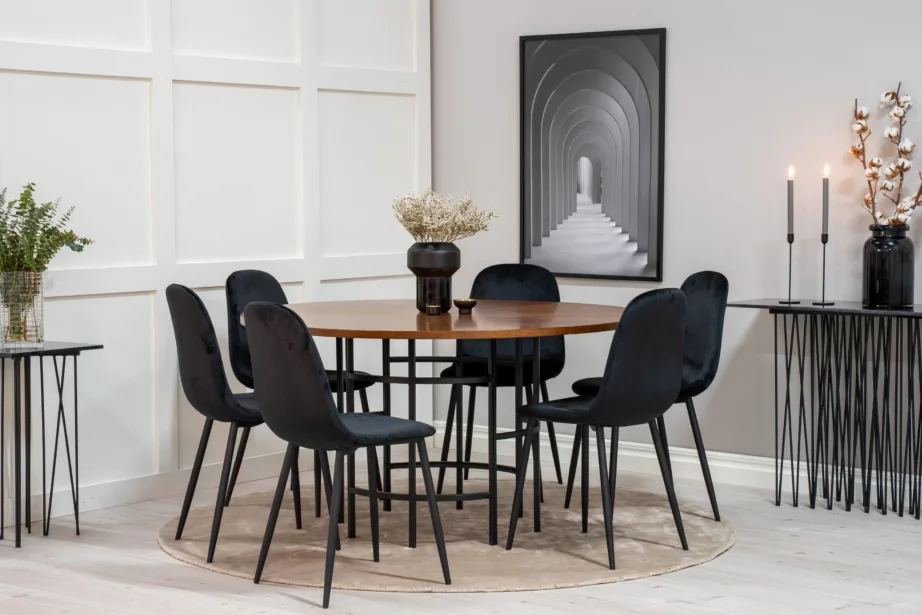 Ümmargune söögilauakomplekt Copenhagen – pruun laud ja mustad velvetist toolid (6 tk), GR19246 – 5