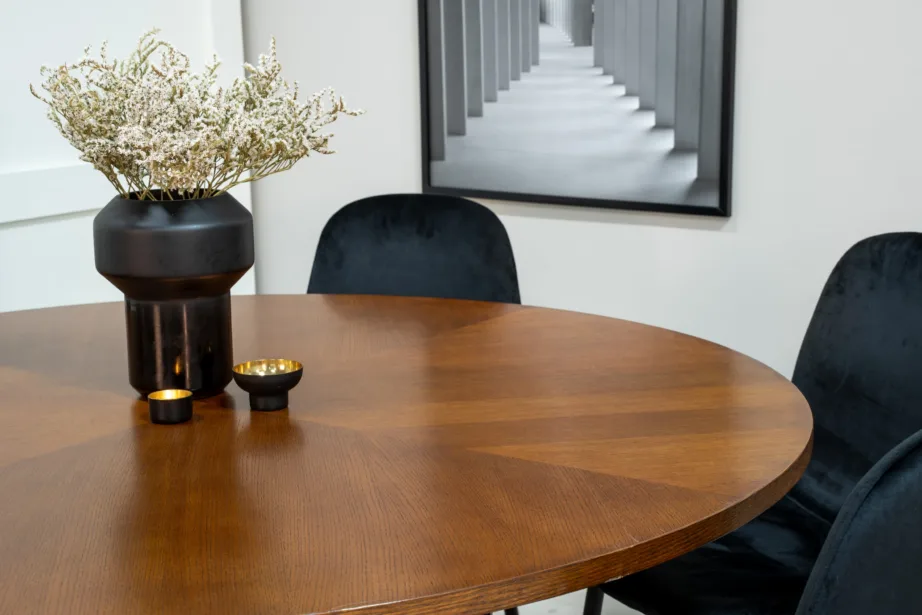 Ümmargune söögilauakomplekt Copenhagen – pruun laud ja mustad velvetist toolid (6 tk), GR19246 – 6
