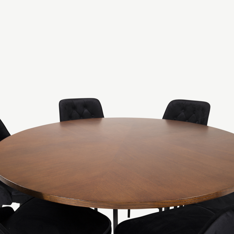 Copenhagen ümmargune söögilauakomplekt, pruun spoon, must metall, 6 musta sametist tooli, GR19249 – 2