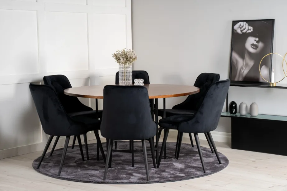 Copenhagen ümmargune söögilauakomplekt, pruun spoon, must metall, 6 musta sametist tooli, GR19249 – 4