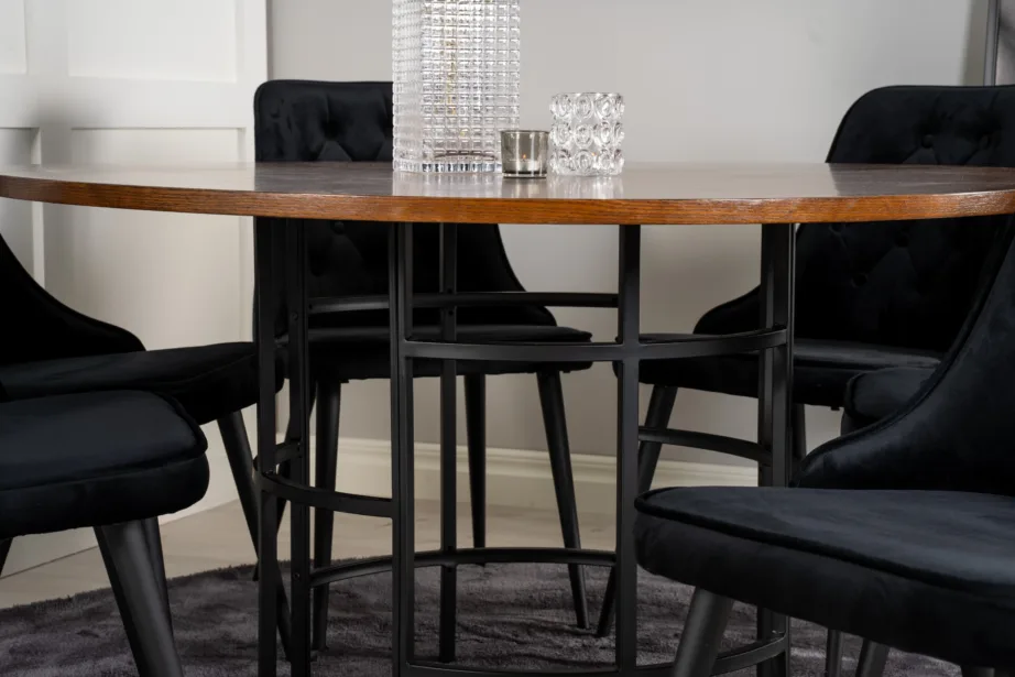 Copenhagen ümmargune söögilauakomplekt, pruun spoon, must metall, 6 musta sametist tooli, GR19249 – 7