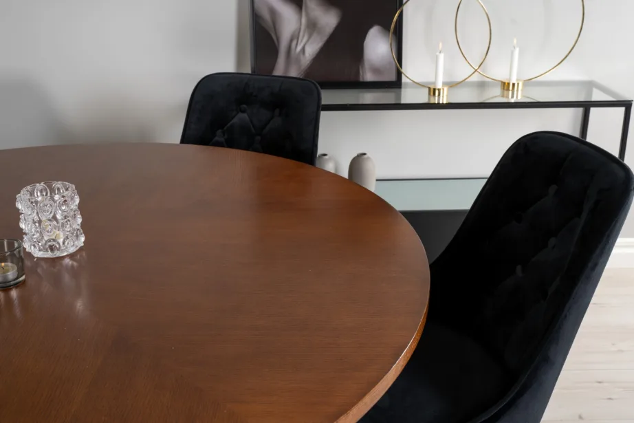 Copenhagen ümmargune söögilauakomplekt, pruun spoon, must metall, 6 musta sametist tooli, GR19249 – 8