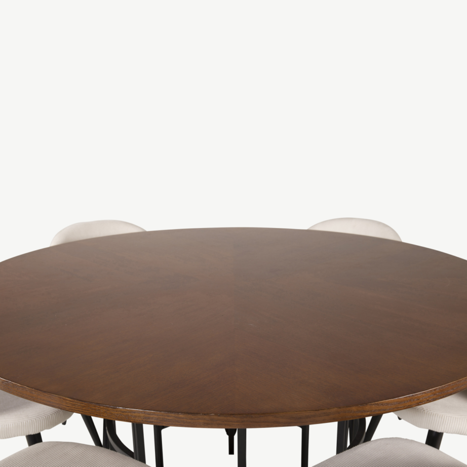 Ümmargune pruun söögilauakomplekt Copenhagen (MDF/teras, 6 kreemikat buklee tooli), GR19250 – 2