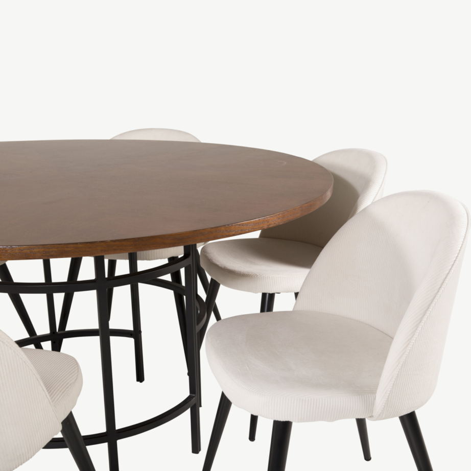 Ümmargune pruun söögilauakomplekt Copenhagen (MDF/teras, 6 kreemikat buklee tooli), GR19250 – 3