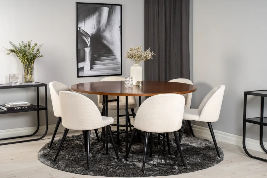 Ümmargune pruun söögilauakomplekt Copenhagen (MDF/teras, 6 kreemikat buklee tooli), GR19250 – 4