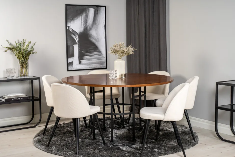 Ümmargune pruun söögilauakomplekt Copenhagen (MDF/teras, 6 kreemikat buklee tooli), GR19250 – 5