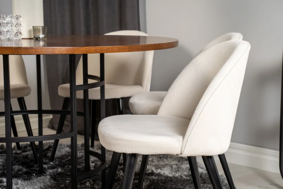 Ümmargune pruun söögilauakomplekt Copenhagen (MDF/teras, 6 kreemikat buklee tooli), GR19250 – 6