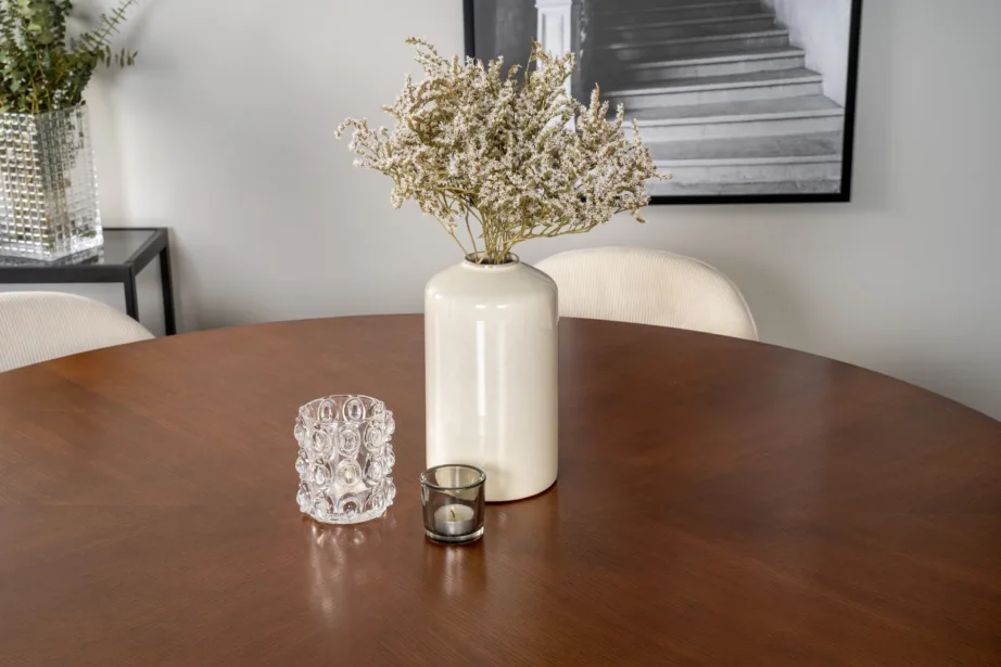 Ümmargune pruun söögilauakomplekt Copenhagen (MDF/teras, 6 kreemikat buklee tooli), GR19250 – 7