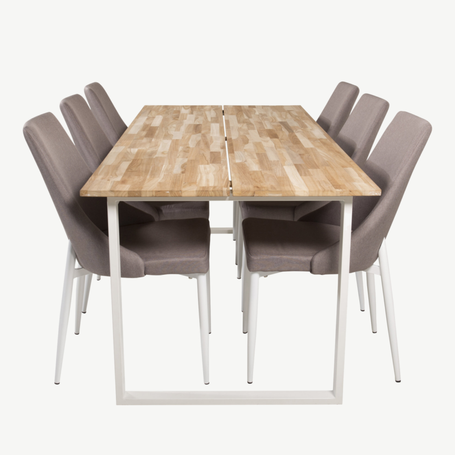 Cireboni ristkülikukujuline tiigipuust söögilaud valge raamiga + 6 halli polsterdatud Leone tooli valgete jalgadega, GR19305 – 2