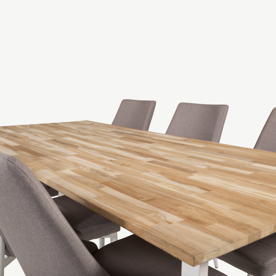 Cireboni ristkülikukujuline tiigipuust söögilaud valge raamiga + 6 halli polsterdatud Leone tooli valgete jalgadega, GR19305 – 3