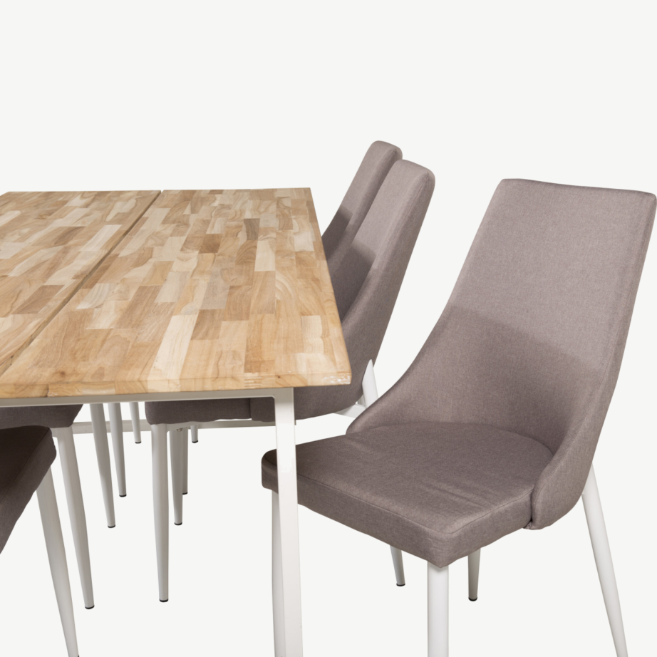 Cireboni ristkülikukujuline tiigipuust söögilaud valge raamiga + 6 halli polsterdatud Leone tooli valgete jalgadega, GR19305 – 4