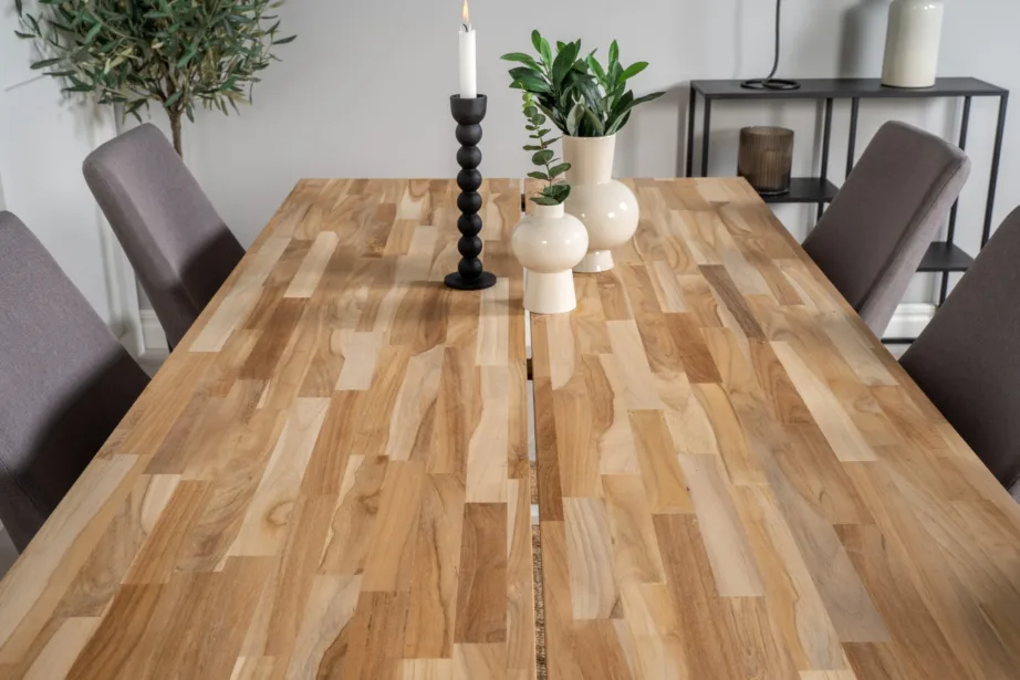 Cireboni ristkülikukujuline tiigipuust söögilaud valge raamiga + 6 halli polsterdatud Leone tooli valgete jalgadega, GR19305 – 8