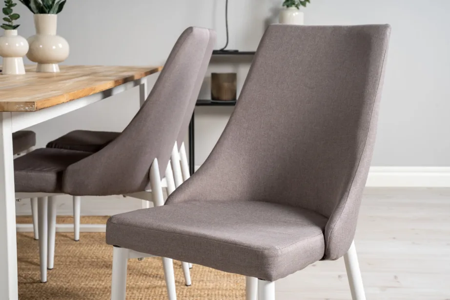 Cireboni ristkülikukujuline tiigipuust söögilaud valge raamiga + 6 halli polsterdatud Leone tooli valgete jalgadega, GR19305 – 9