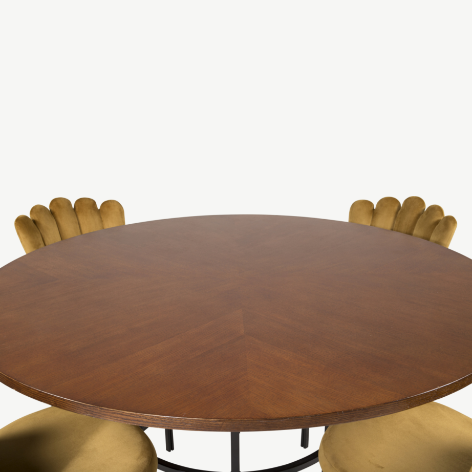 Ümmarguse söögilaua komplekt Copenhagen pruuni vineeriga ja Limhamni kollased sametist toolid, GR19323 – 2